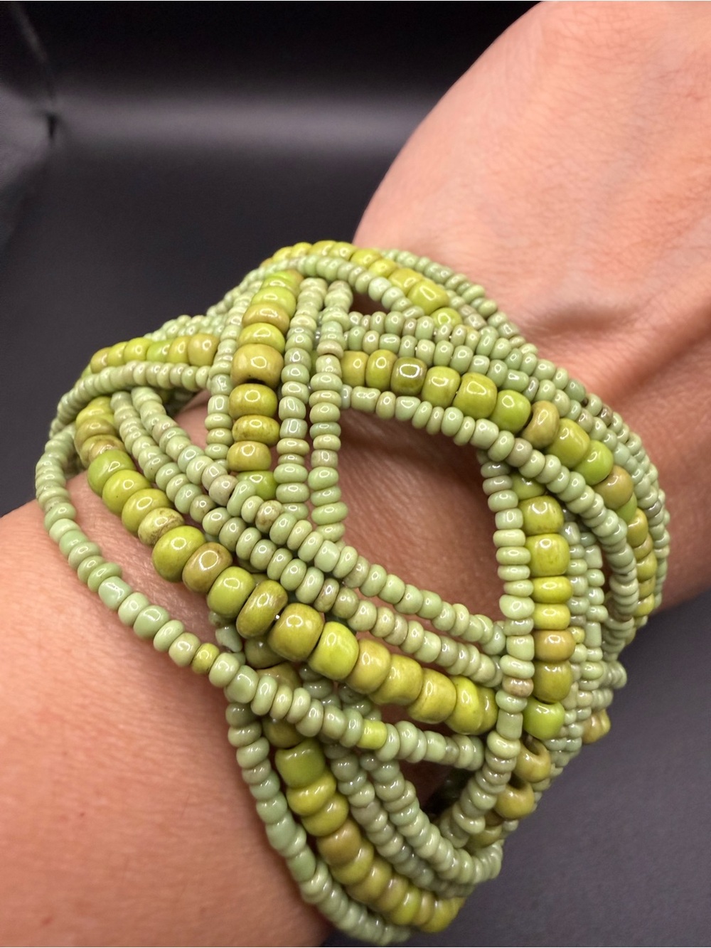 Bold Lime Green Beaded Multi-Strand Necklace with Matching Cuff Bracelet Set - Picture 7 of 10